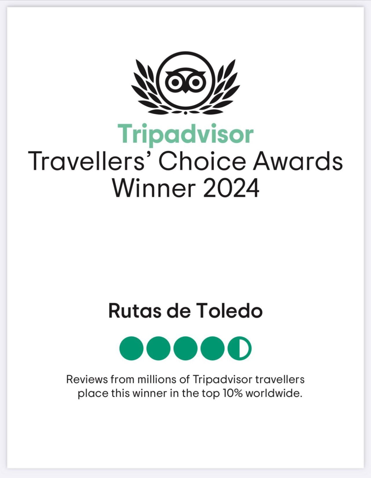 Premio Travellers' Choice Tripadvisor 2024 para Rutas de Toledo